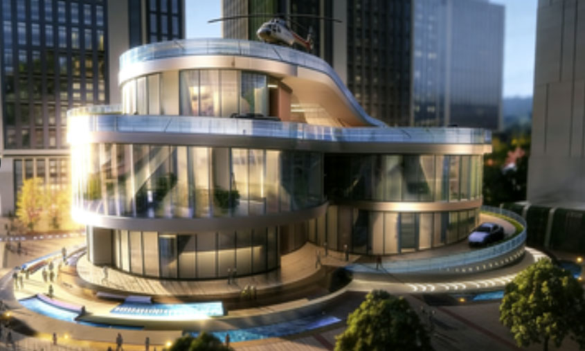 The rooftop helipad and terrace under the stars
