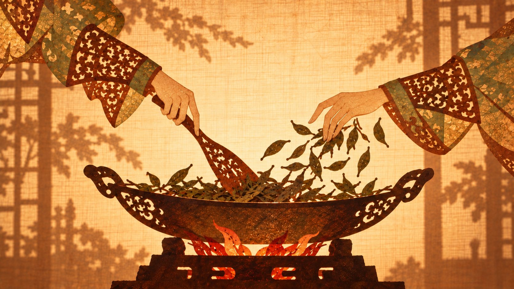 Shadow-puppet style hand-made tea: carved leather hands roasting leaves over fire