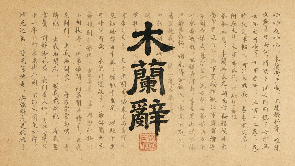 The Ballad of Mulan as a calligraphy album: ink characters on gold paper, the full text inscribed