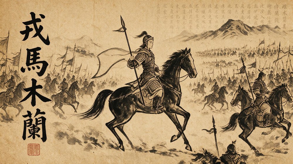 Ink painting Rongma Mulan: a rider holding the reins, inscribed with the four characters Rongma Mulan