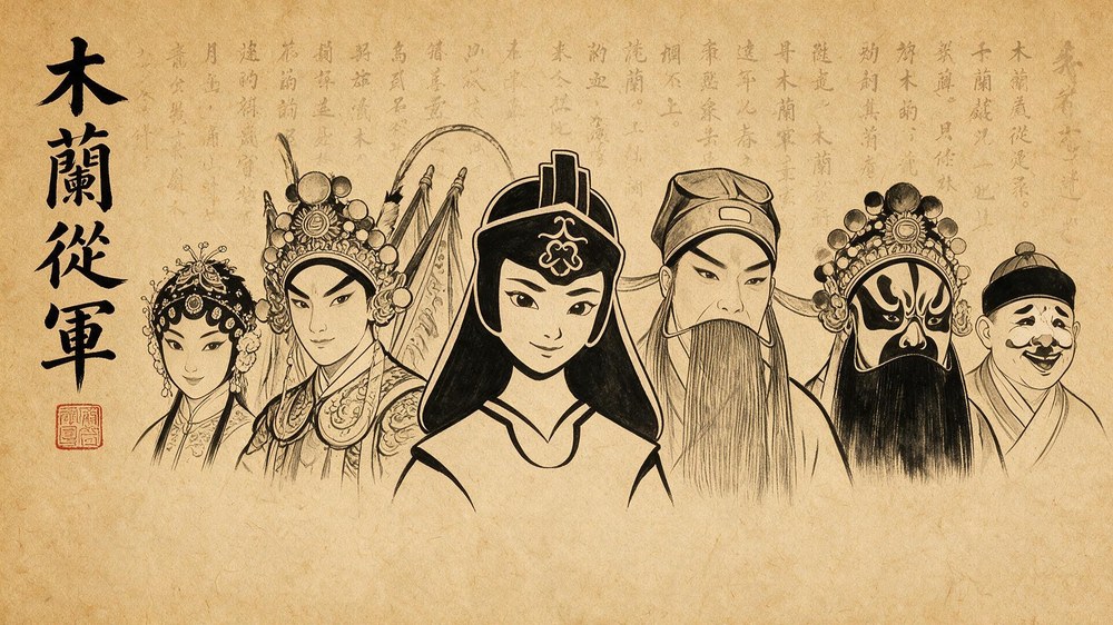 A composite of opera face-paint types from Mulan Joins the Army, inscribed with its four-character title