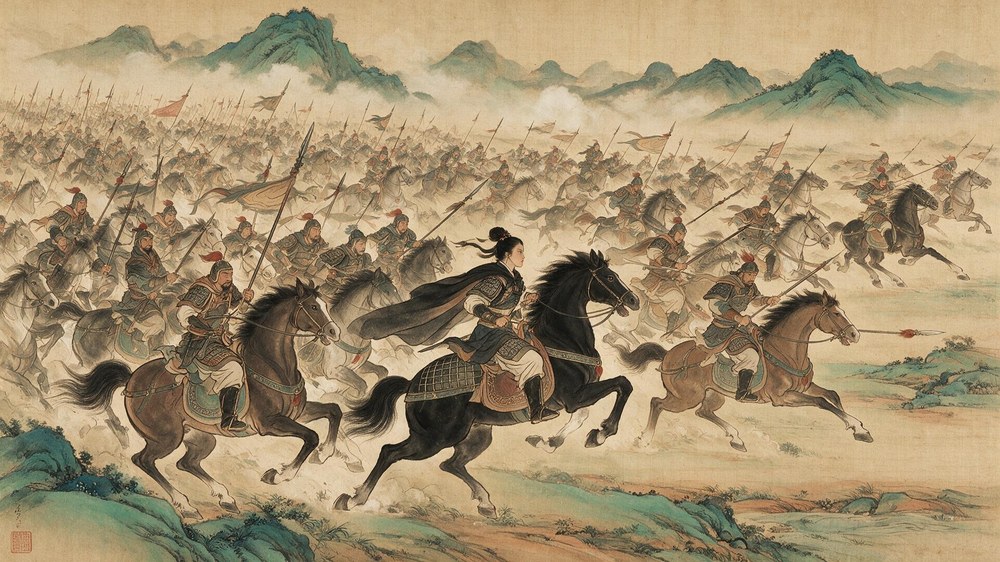 Ink battlefield: a blue-green handscroll of ten thousand galloping horses