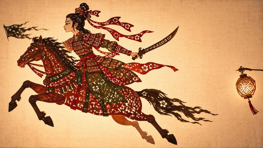 Paper-cut Mulan on a leaping horse, palace lanterns hung high