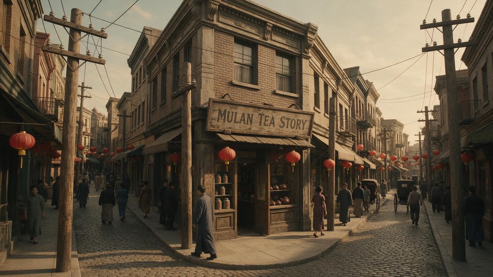 A MULAN TEA STORY signed tea house in a Republican-era street scene
