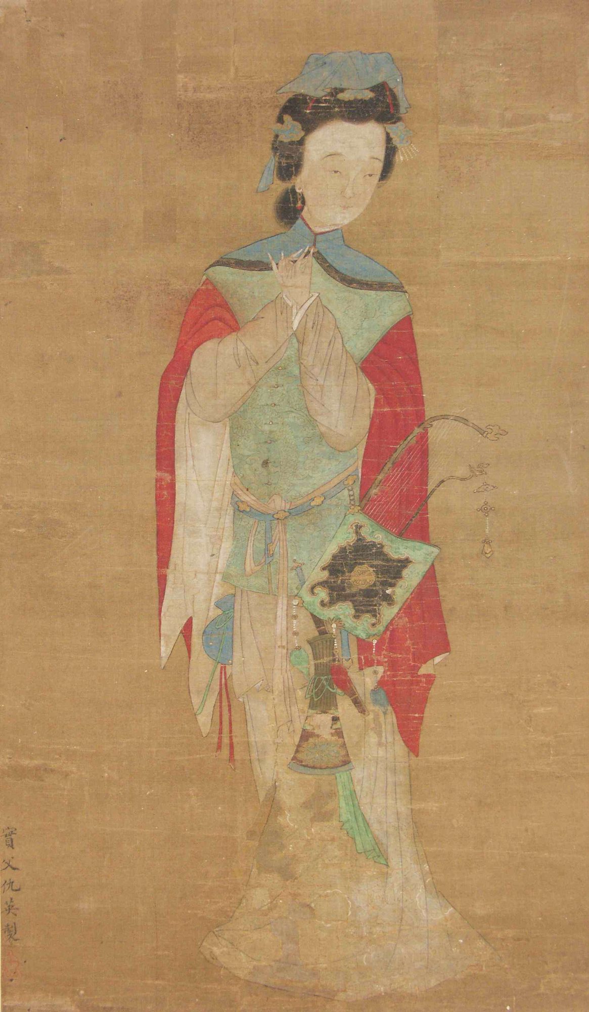 Mulan on old silk: red cape over blue-grey robe, standing with reins in hand, serene