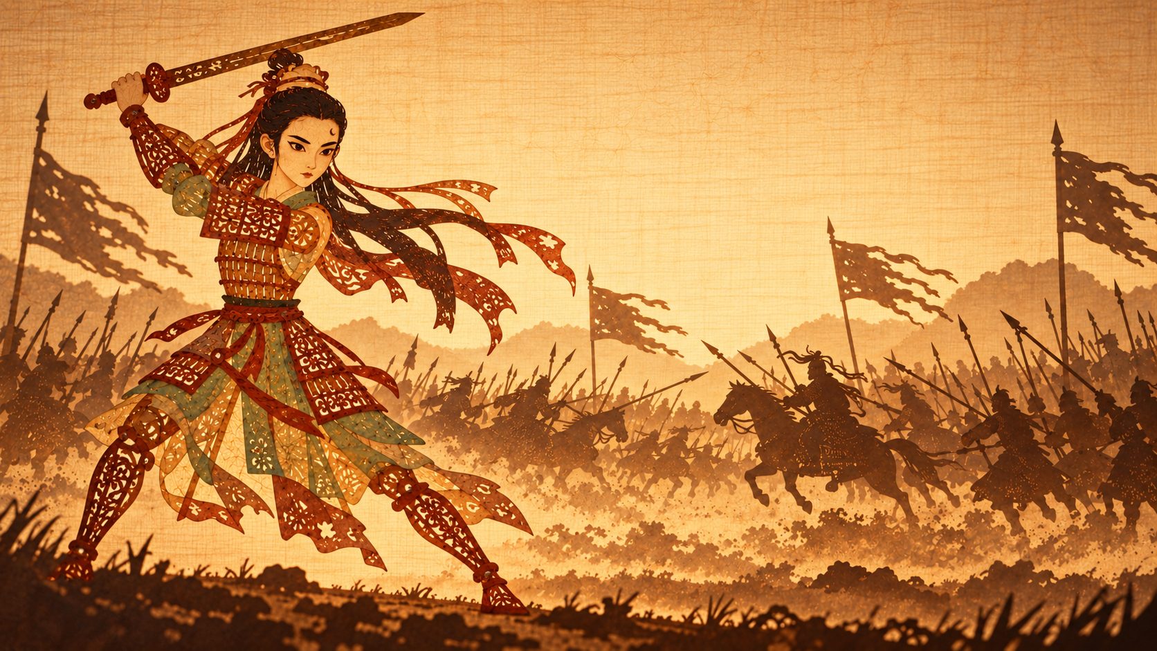 Mulan, sword in hand, breaking the formation in shadow-puppet paper-cut style: warm gold lamplight, pierced carved armour