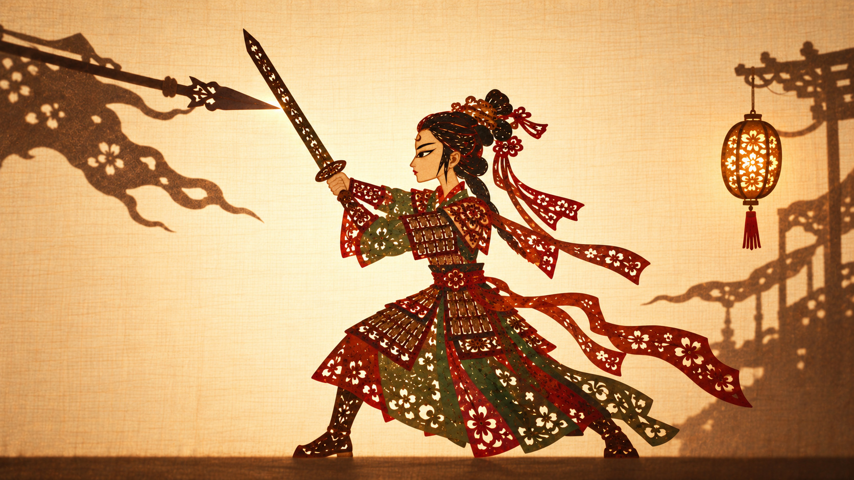 Paper-cut Mulan, sword in hand, keeping guard over the palace lantern: warm gold light — the lamp kept, all are at ease