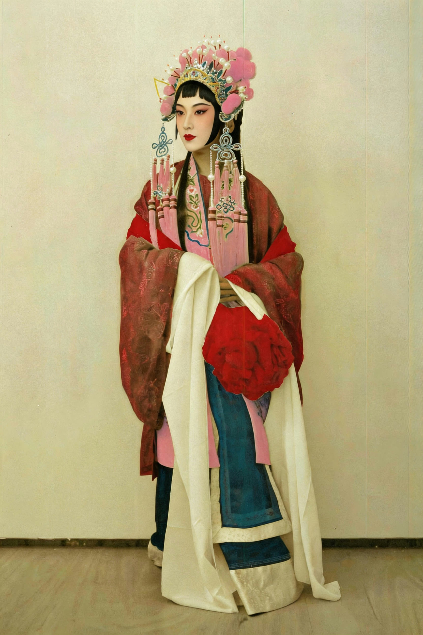 Full-length portrait of a Peking-opera dan performer: phoenix crown and red cape, standing with silk in hand