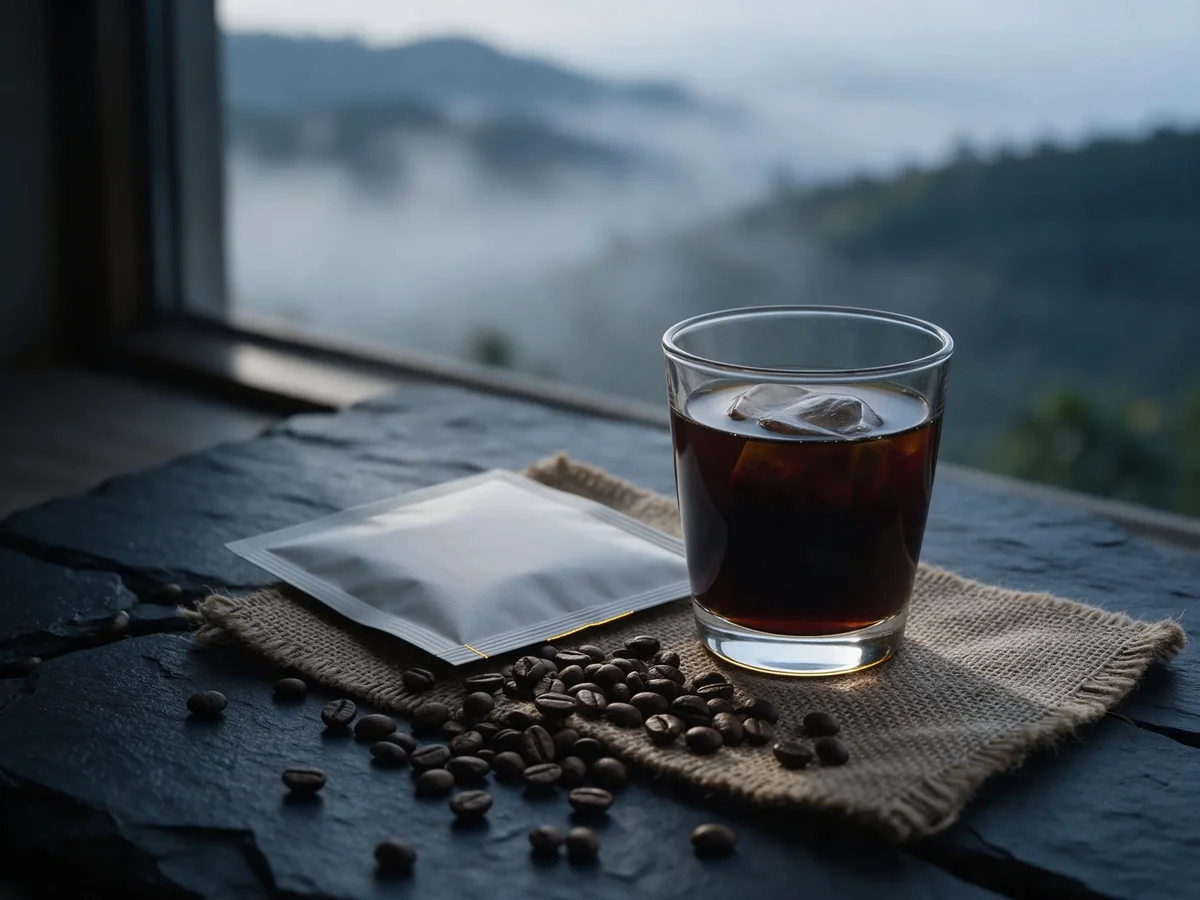 Yunnan arabica beans and cold brew on a stone slab by the window