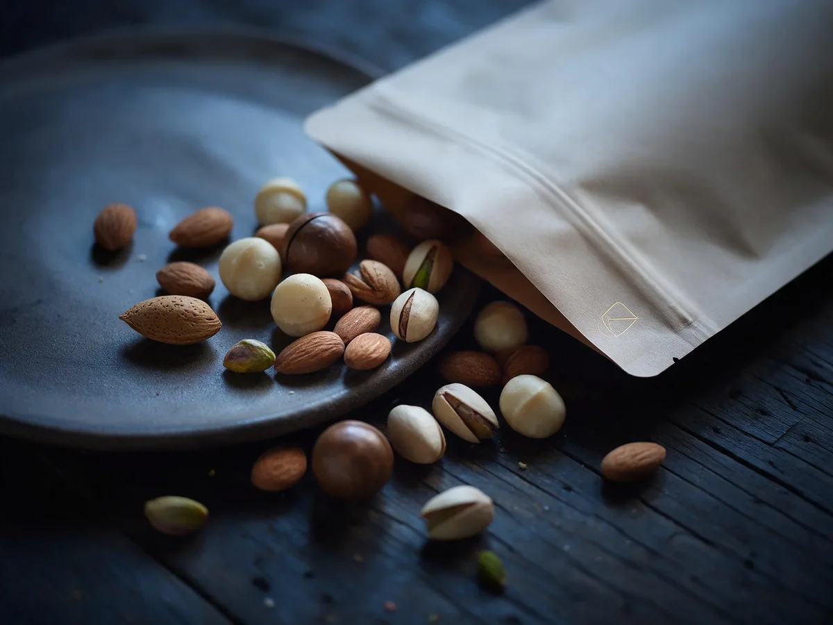 Almonds, macadamias and pistachios on a matte ceramic plate