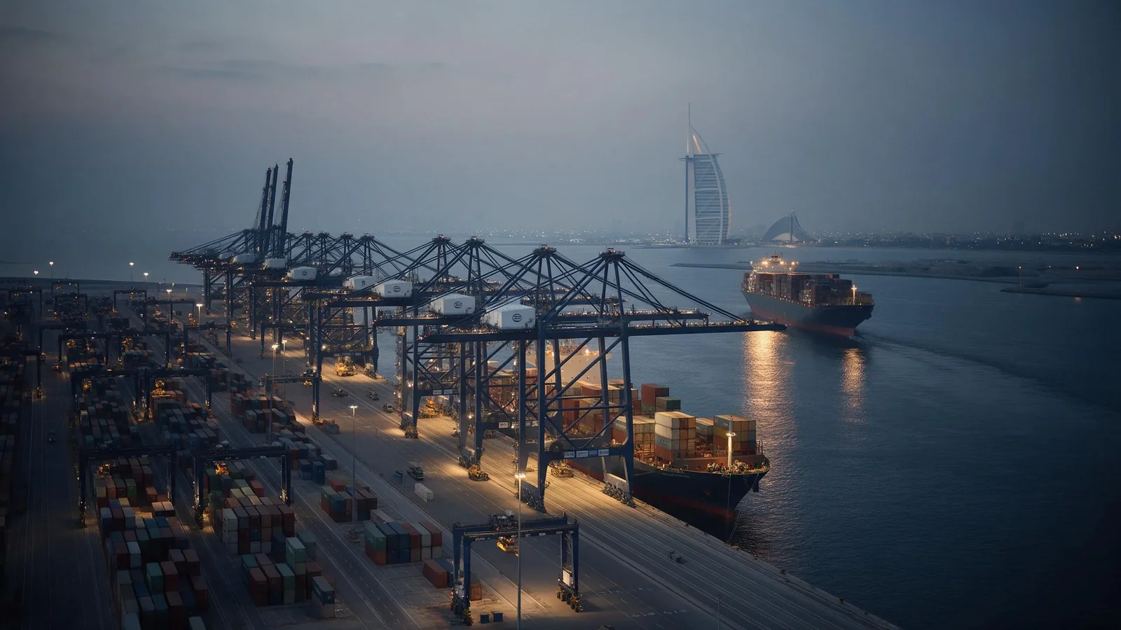 Aerial view of Dubai's deep-water port at dusk: gantry cranes and container terminals, a cargo ship departing