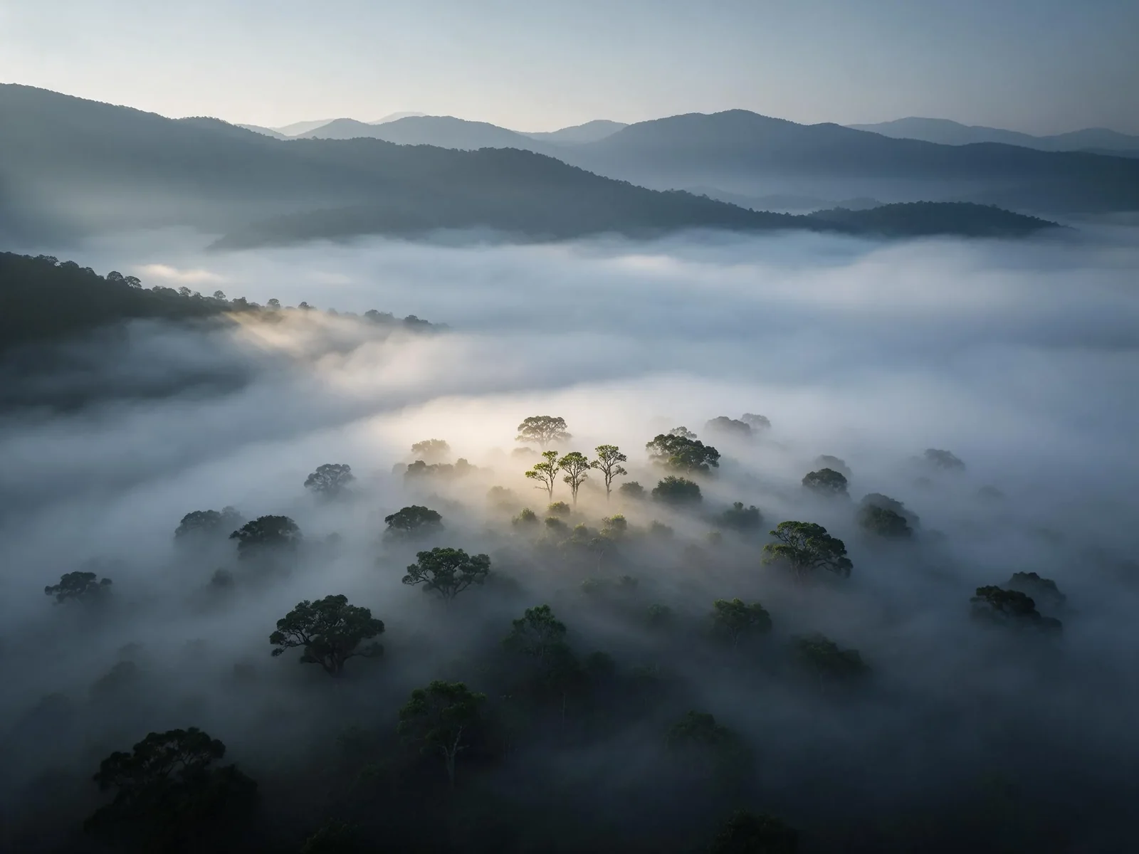 Ancient tea forests above a morning sea of clouds on Jingmai Mountain, Yunnan
