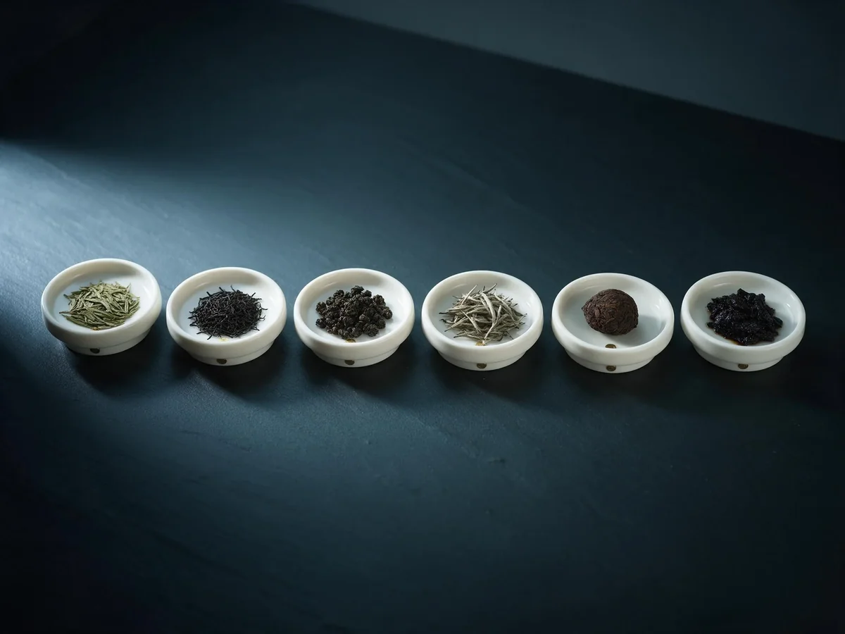 Six white porcelain sample dishes displaying dry tea specimens of the six tea categories