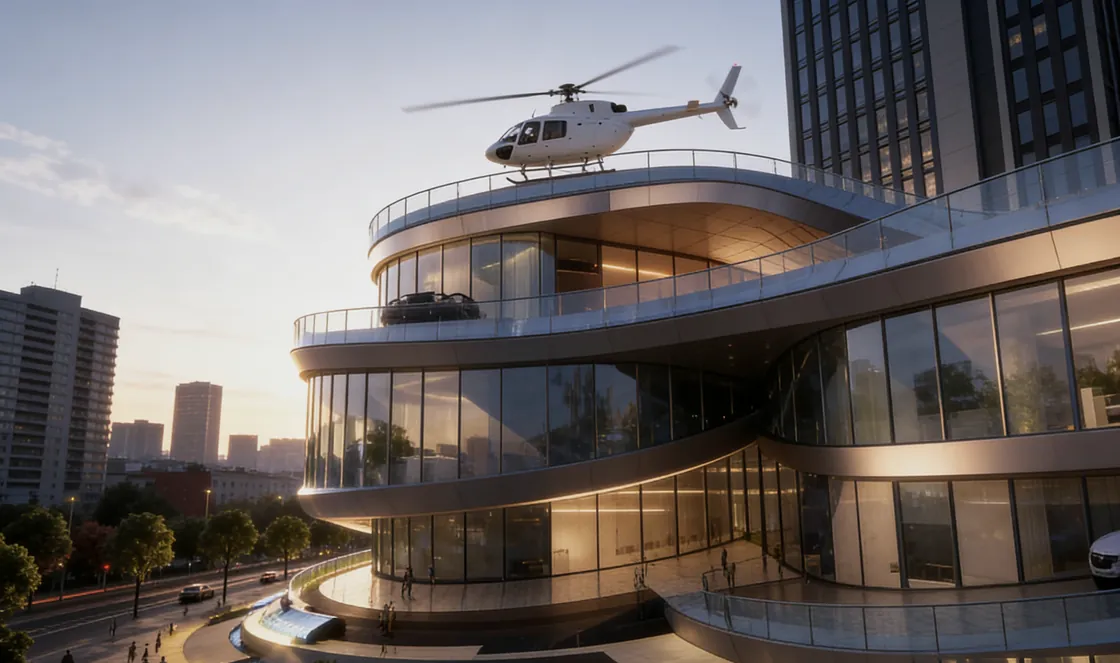 Rooftop platform of Mulan Maison with its all-glass curtain wall