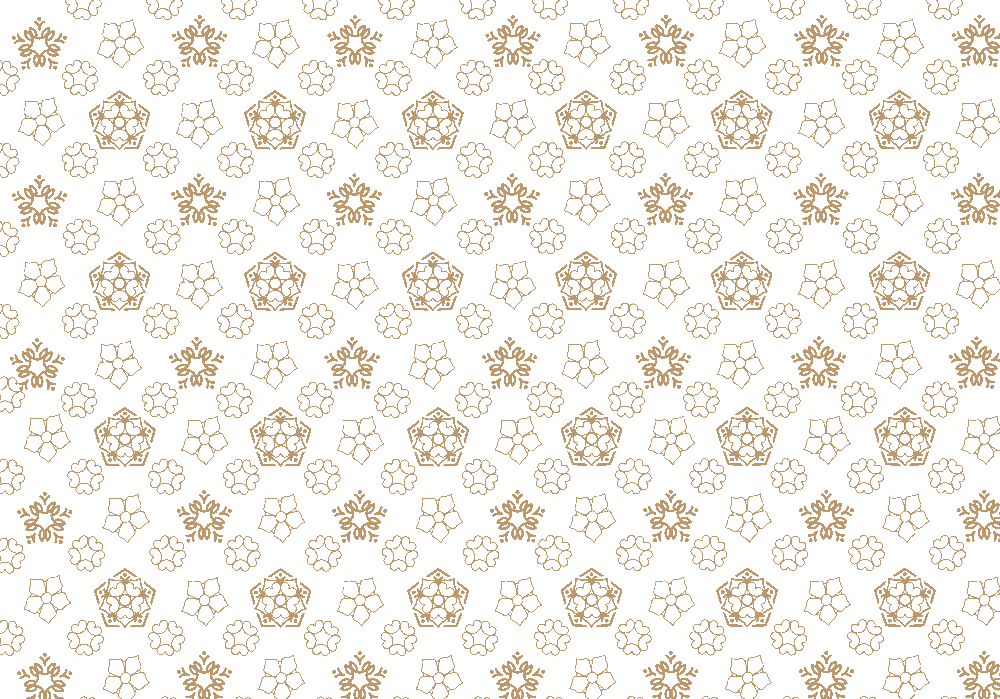 The Mulan Dot pattern tiled: gold-line five-petal flowers and combined emblems repeating across an off-white ground