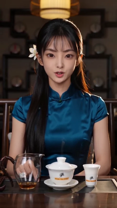 A woman in a blue qipao pouring water at the tea table, steam rising from the gaiwan