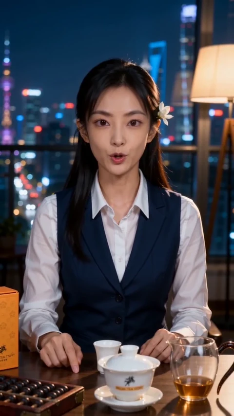 A woman in a white shirt and dark waistcoat seated at a tea table, city lights behind her