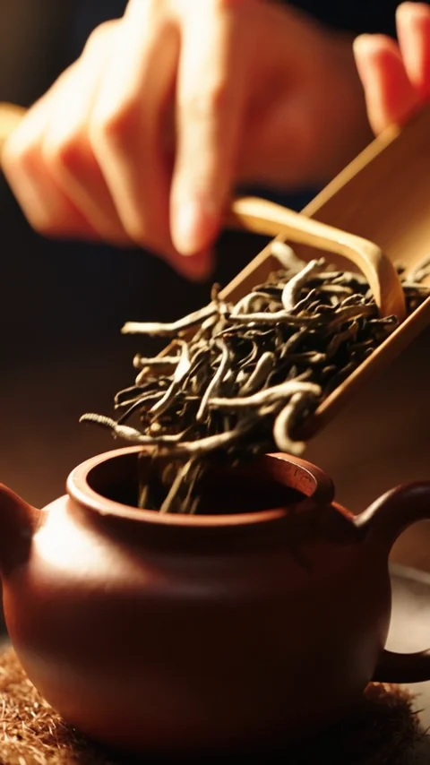 A bamboo tea scoop guiding dry leaves into a Yixing pot