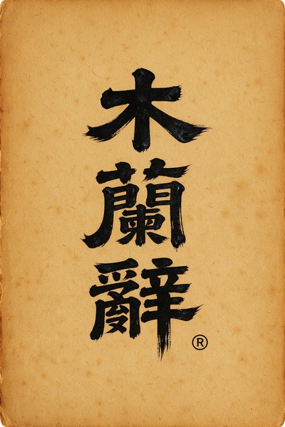 Calligraphy cover of the Ballad of Mulan: large characters in aged ink on cream paper