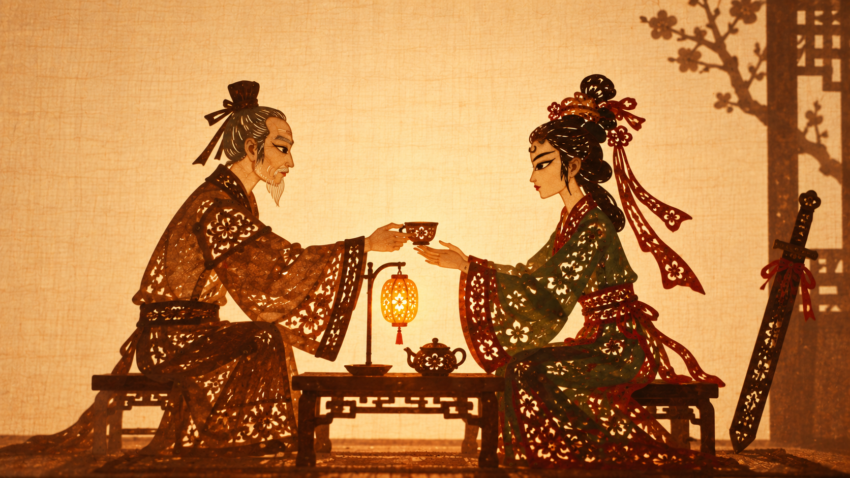 Shadow-puppet style, father and daughter seated beneath a lamp: the father offers tea, Mulan reaches to receive it, her sword leaning against the wall