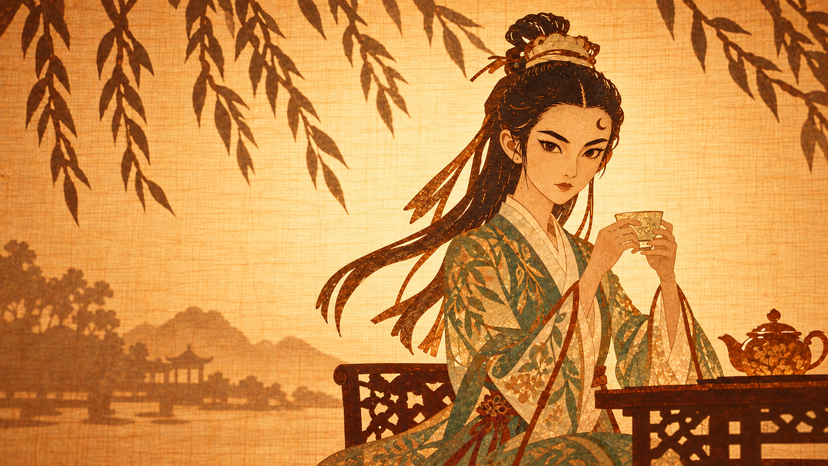 Paper-cut style Mulan returned home, drinking tea at a table beneath a weeping willow