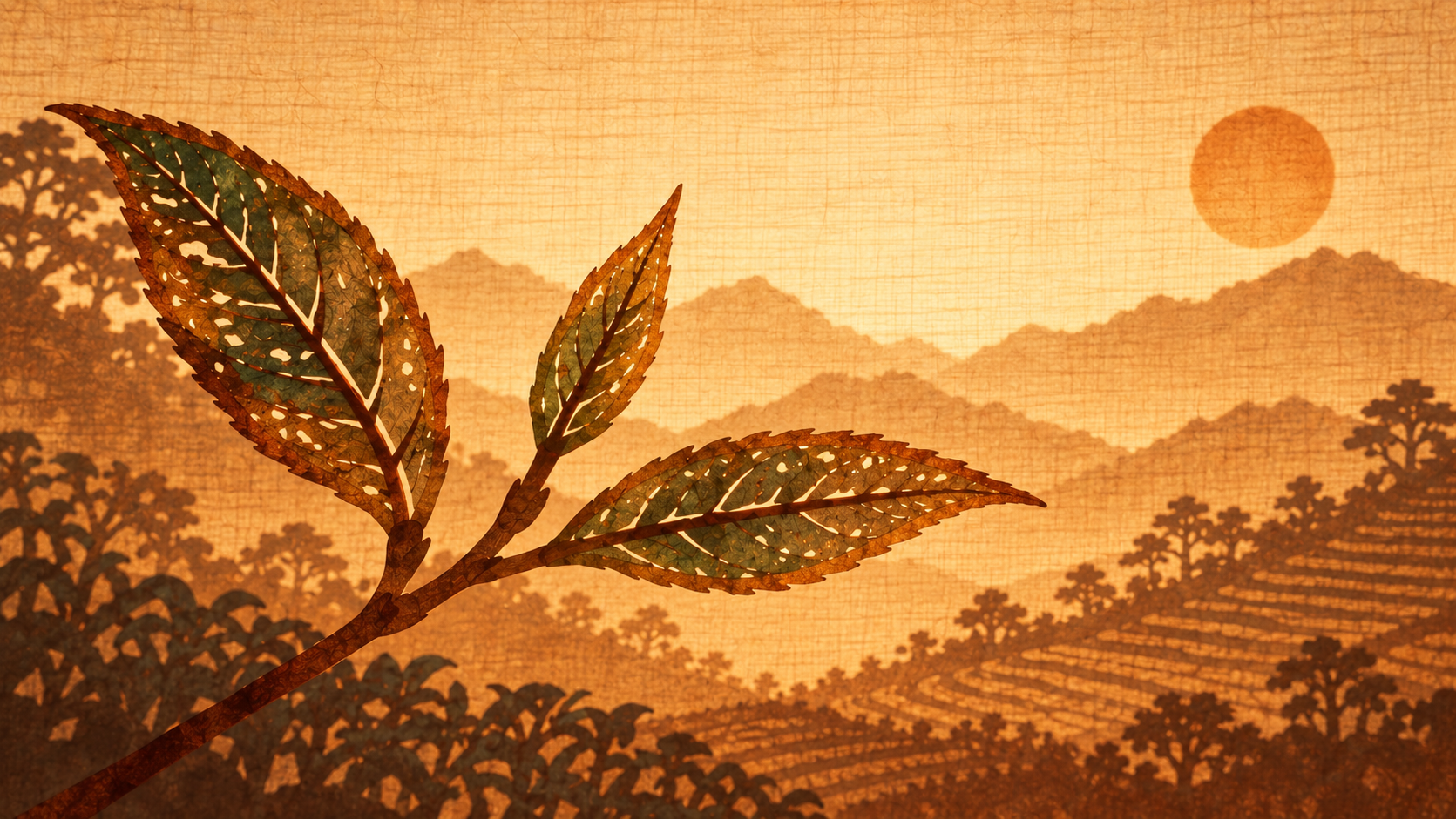 Paper-cut style tea buds on three stems, tea terraces along the ridgeline, morning sun