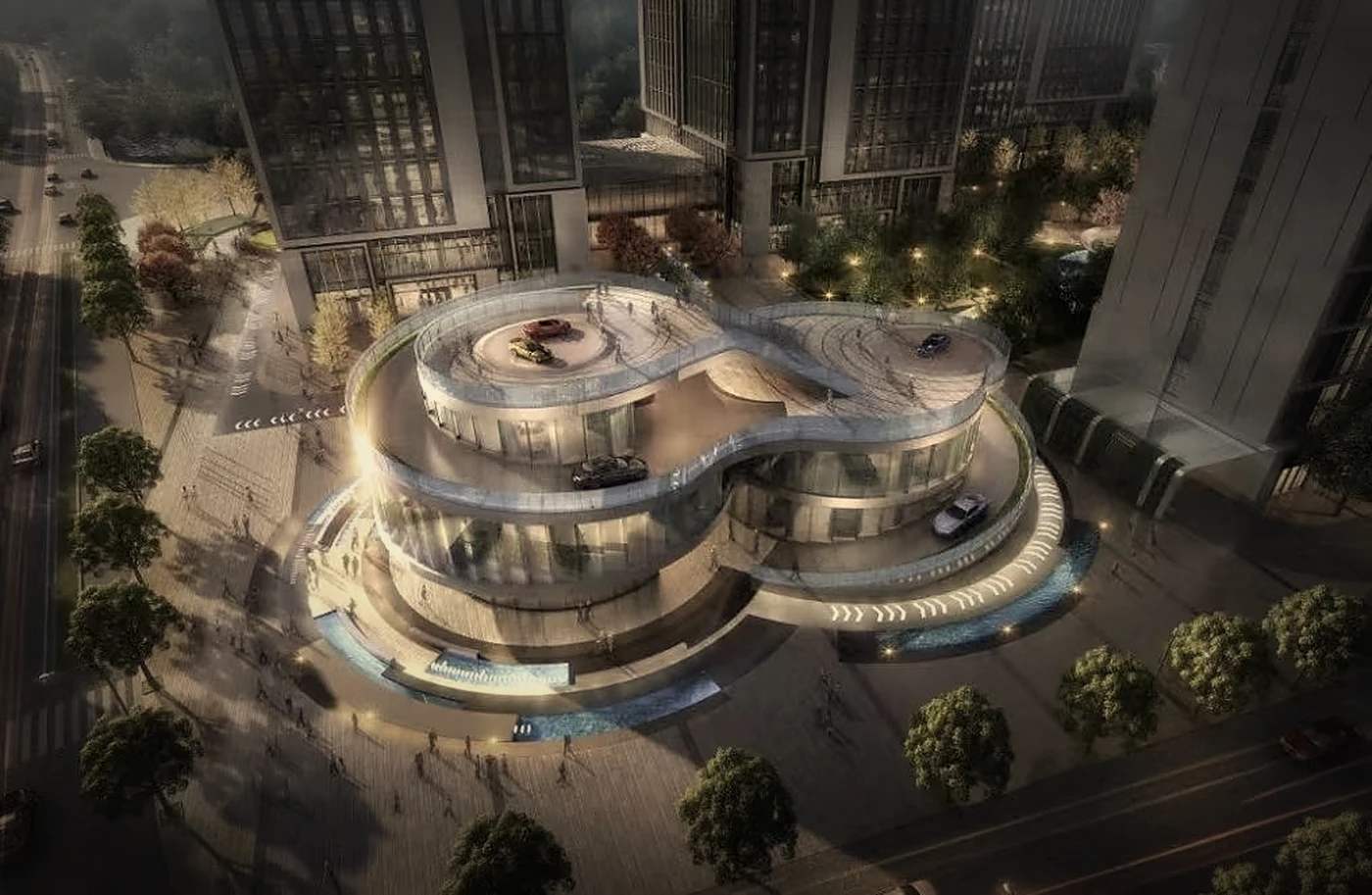 Aerial rendering of a ring-shaped glass building in a Hangzhou neighbourhood