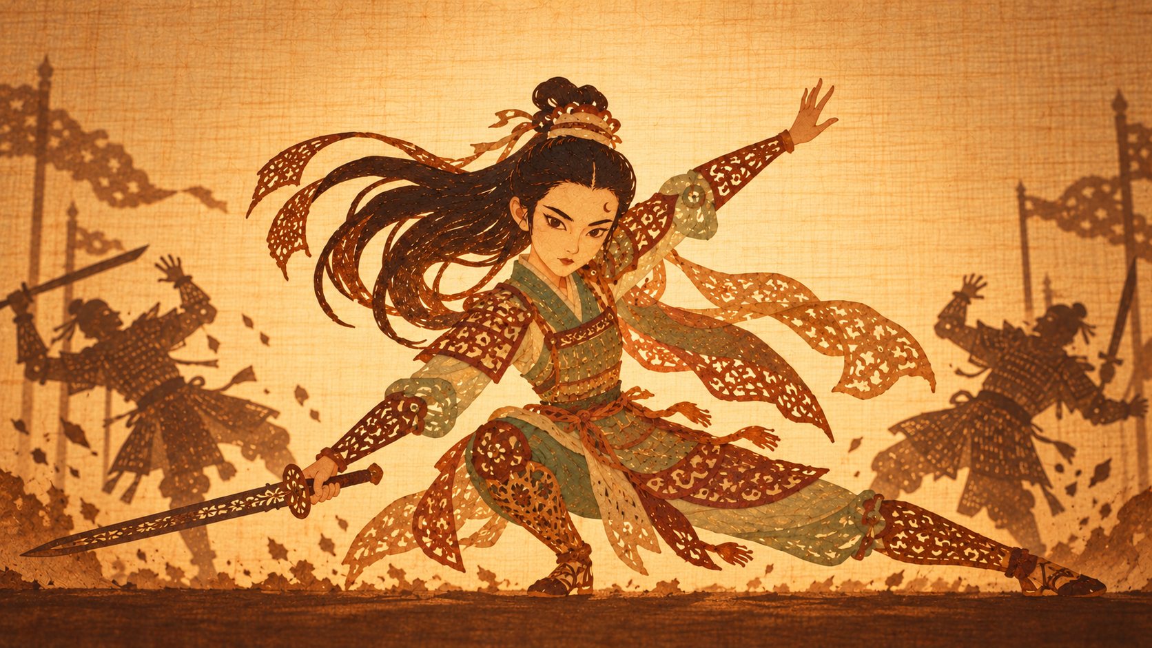 Shadow-puppet style Mulan bending to her sword: gilded leather, ringed by silhouettes