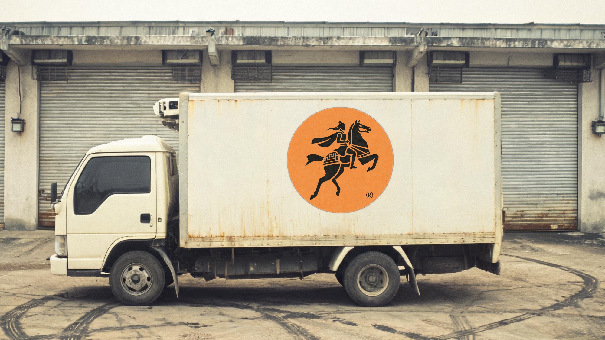 MULAN TEA STORY's own refrigerated van, side panel painted with the Mulan galloping mark