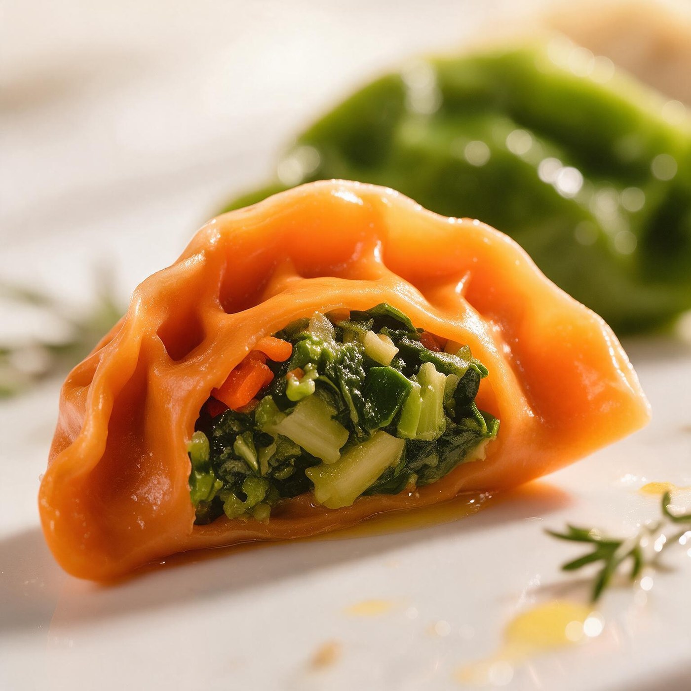 A single Five-Colour Tea Dumpling in macro, whole-leaf tea and vegetable filling visible