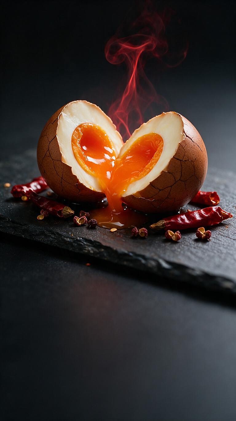 Mala rock-rhyme tea egg halved, soft yolk with Sichuan pepper and chilli
