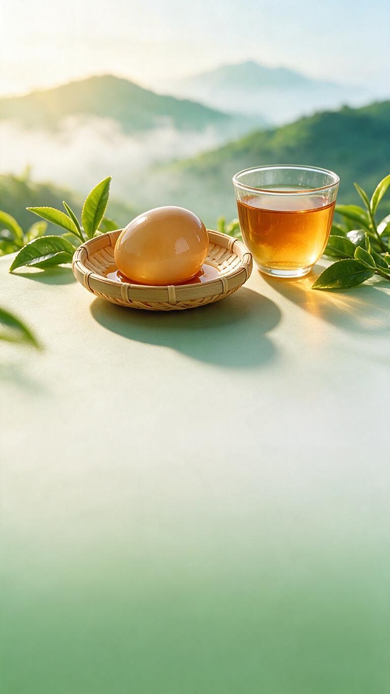 Miaoling sweet tea egg, a bamboo basket and tea cup before green misted mountains