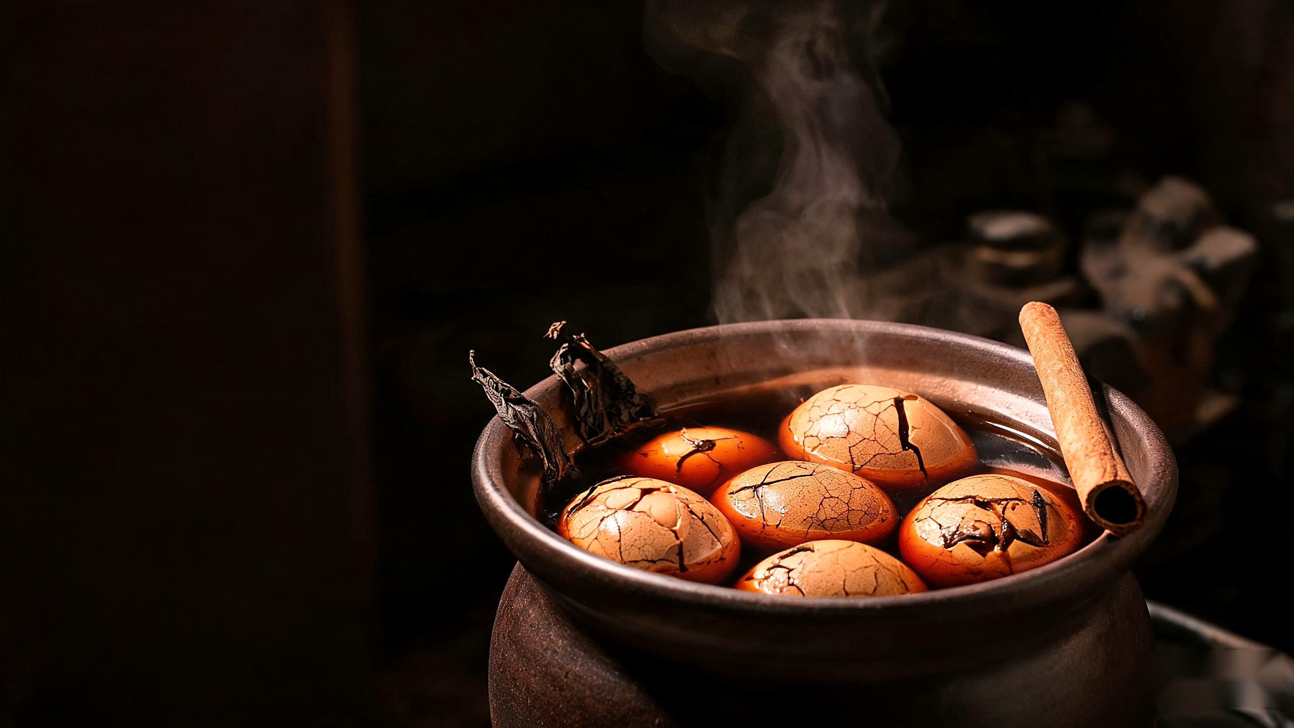 Da Hong Pao tea eggs slow-simmered in a clay pot, cracked shells, rising steam and tea aroma