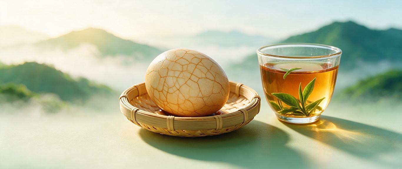 Cracked tea eggs on a woven bamboo dish, a cup of hot tea beside, misted mountains beyond