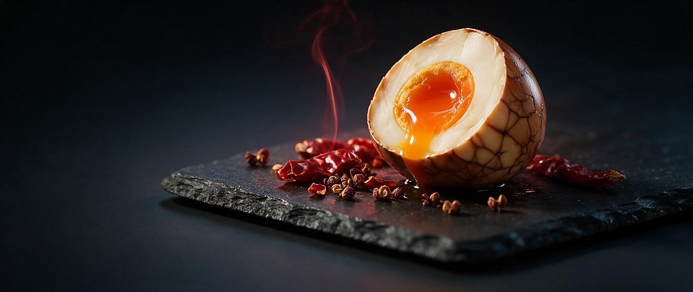A tea egg cut in half, orange-red yolk still molten, chilli and Sichuan peppercorns scattered on the stone slab