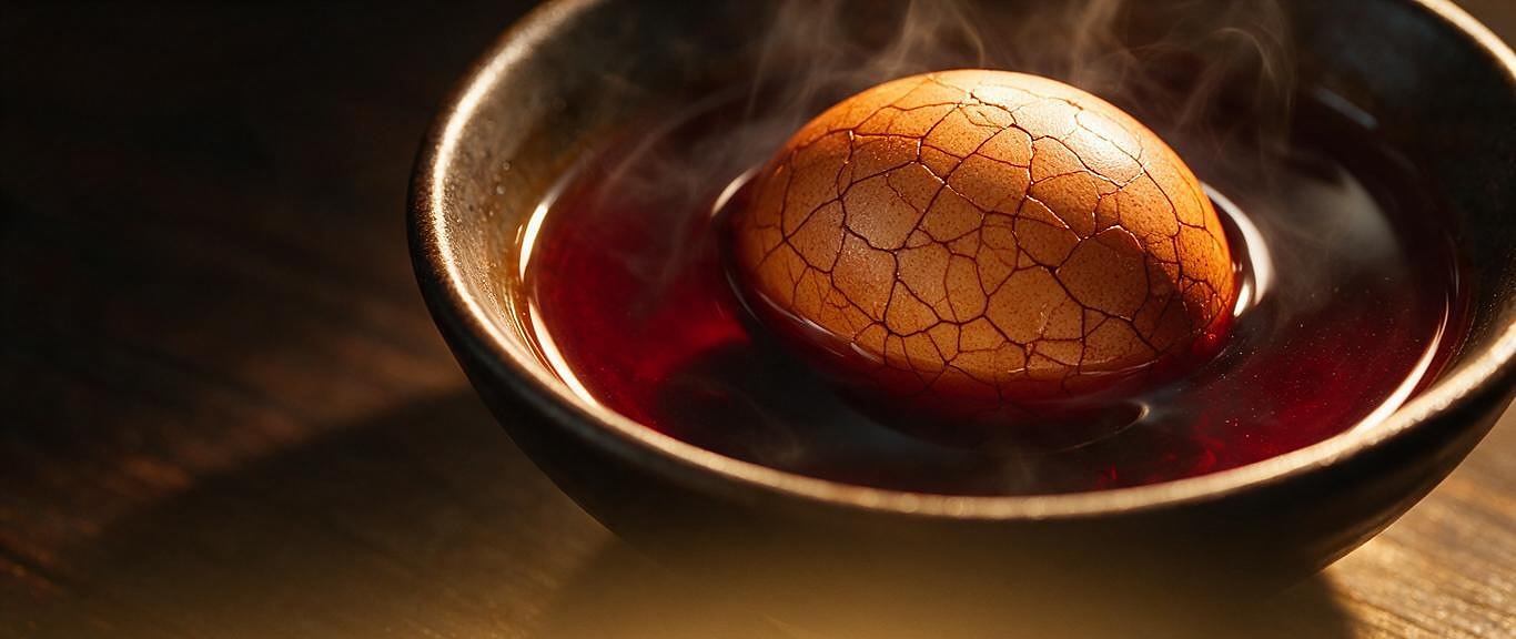 Da Hong Pao tea eggs in a dark clay bowl — braising liquor deep red, steam rising