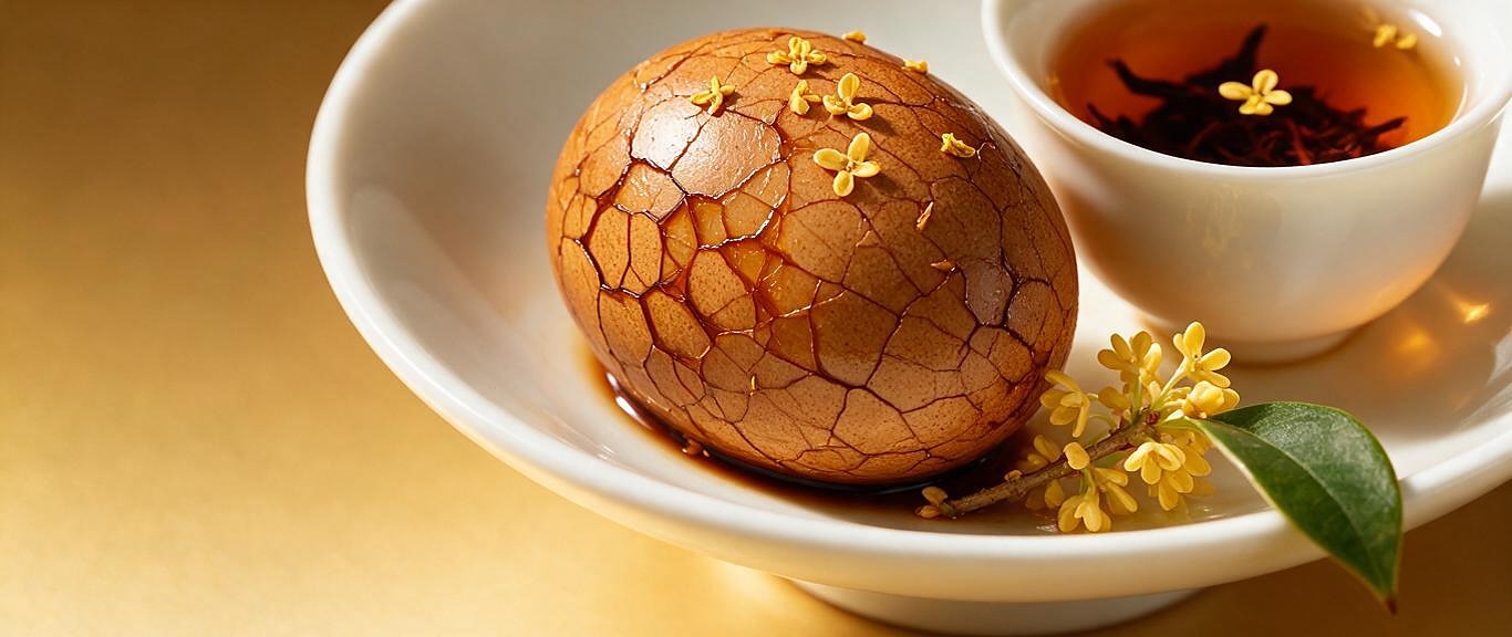 A tea egg in a white porcelain dish with osmanthus, a cup of black tea beside