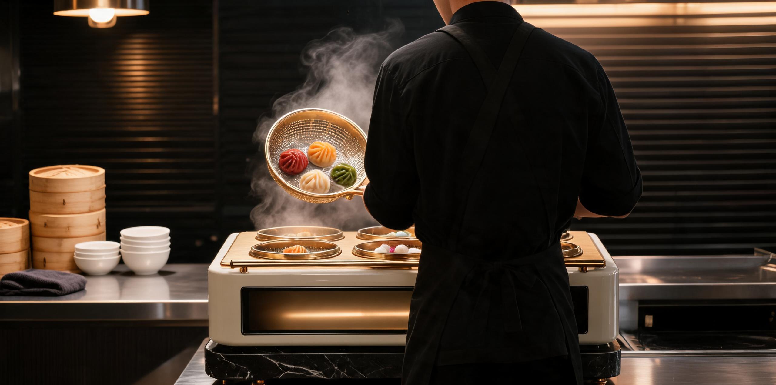 The standardised prep room behind the counter at a MULAN DIAN shop — five-colour tea dumplings out of the pot