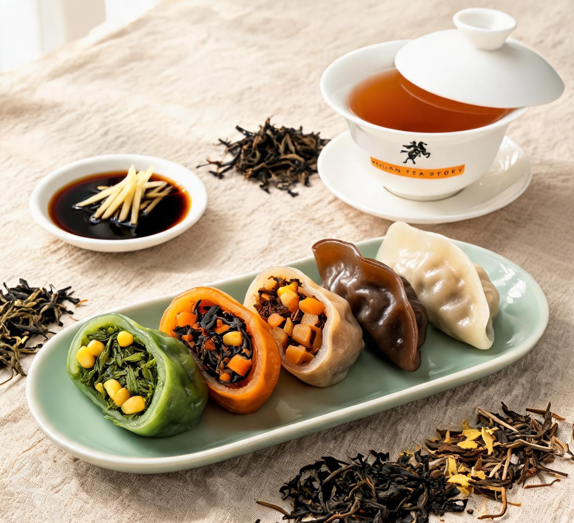Five-Colour Tea Dumplings cut open to show the tea-and-vegetable filling, served with a white porcelain gaiwan
