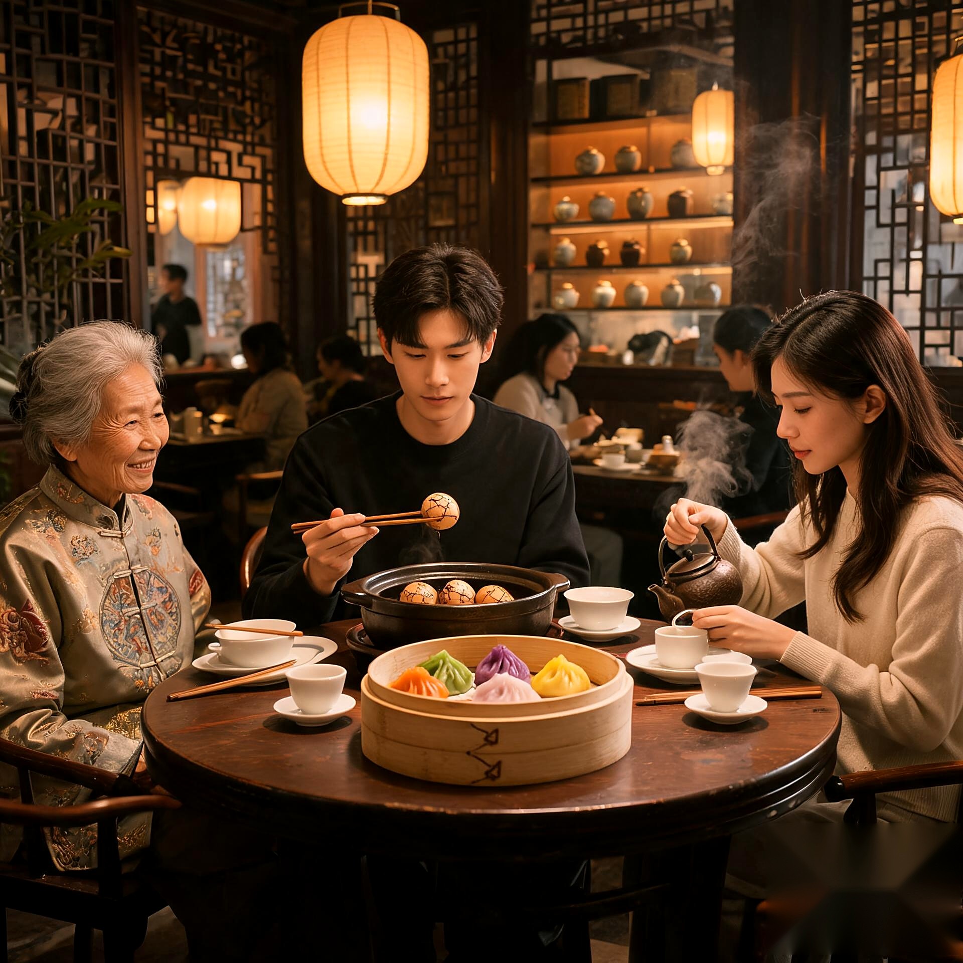 A MULAN DIAN store in a teahouse, a pot of tea eggs and a basket of five-colour dumplings on the table